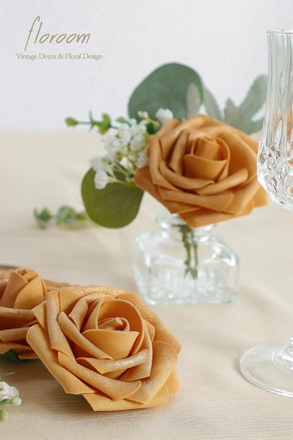 Floroom Artificial Flowers 25pcs Real Looking Gold Foam Fake Roses with Stems for DIY Wedding Bouquets Bridal Shower Centerpieces Party Decorations