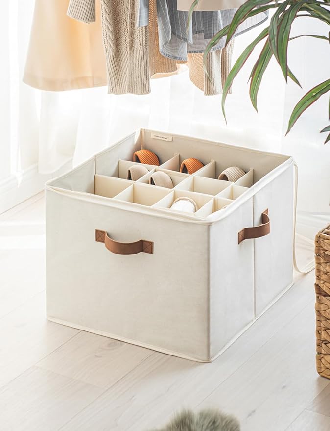 StorageWorks Shoe Organizer for Closet, Fits up to 16 Pairs, Shoe Cubby Storage Containers with Adjustable Dividers and Clear Cover, Beige