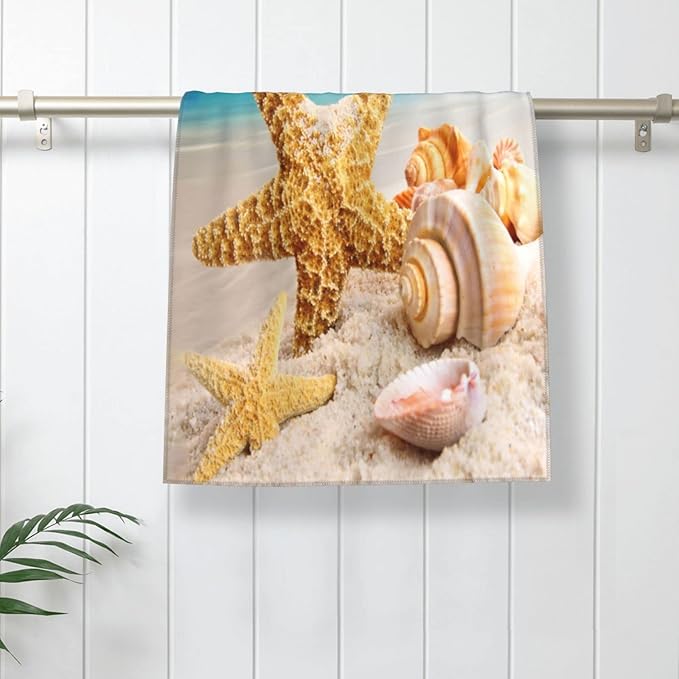 Coastal Hand Towels Set of 2 15.7x27.5 Absorbent Kitchen Guest Towels Ocean Starfish Seashell Beige Blue