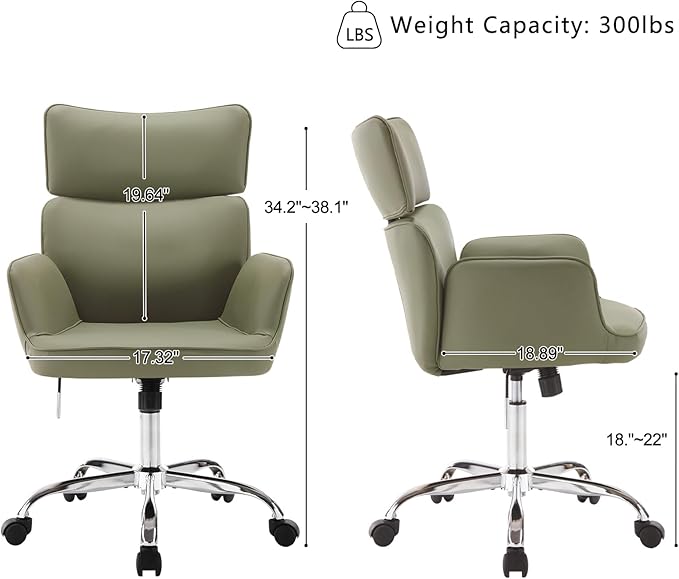 BV Adjustable Desk Chair with Wheels for Make Up, Faux Leather Rolling Armchair, 360° Swivel Comfy Task Chair for Home Office, Green