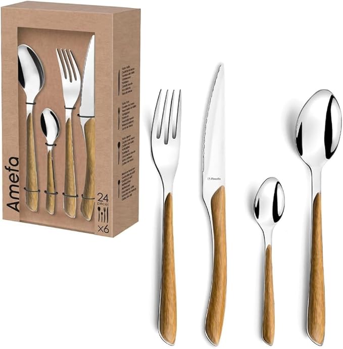 Amefa Natural Wood Handle Silverware Set - 24-Piece, Brown & Casual - Faux Wood Handle Flatware Service for 6 in Polished 18/0 Stainless Steel - Dishwasher Safe & Rust Resistant