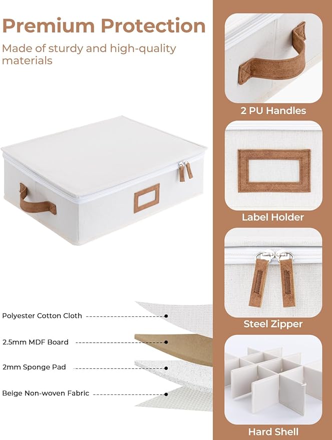 StorageWorks China Storage Container, Stackable Mug Storage Box with Dividers, Stemware Storage Cases, Hard Shell China Cup Organizer, Holds 12 Tea Cups and Coffee Mug, 1 Pack, Beige