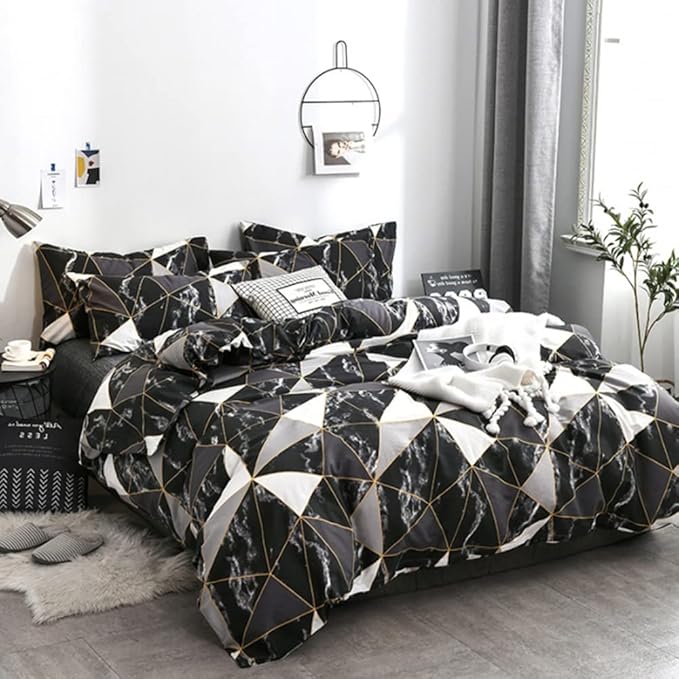 CLOTHKNOW Black Grey White Queen Comforter Set Marble Bedding Comforter Sets Soft Triangle Geometric Comforter with 2 x Pillow Cases