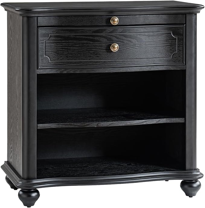 HULALA HOME Wooden Nightstand with Pull-Out Shelf, Mid Century Modern Nightstand with Solid Wood Drawers and Legs, Adjustable Storage, Black