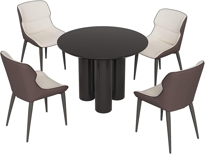 5 Pieces 39.37" Black Round Dining Table and 4 Upholstered Chairs for 4-6 Person, MDF Table-top, Light Velvet Chairs with Black Metal Leg for Kitchen, Reception Room,Round Coffee Table Set