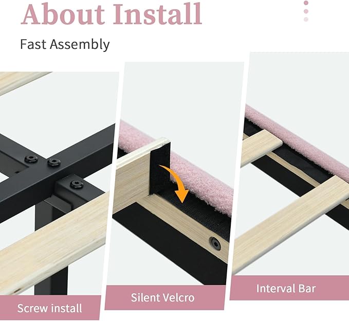 BarnFurin Twin Bed Frame with Upholstered Headboard, Teddy Soft Boucle Fabric, Platform Bed with Strong Wooden Slats Support, Two Bed Forms Design, No Boxing Spring Needed, Easy Assembly, Pink