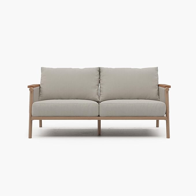 Acanva Modern All-Weather Aluminum Outdoor Sofa with Thick Cushions, Olefin Fabric Sunroom Backyard Furniture, Loveseat Light Khaki