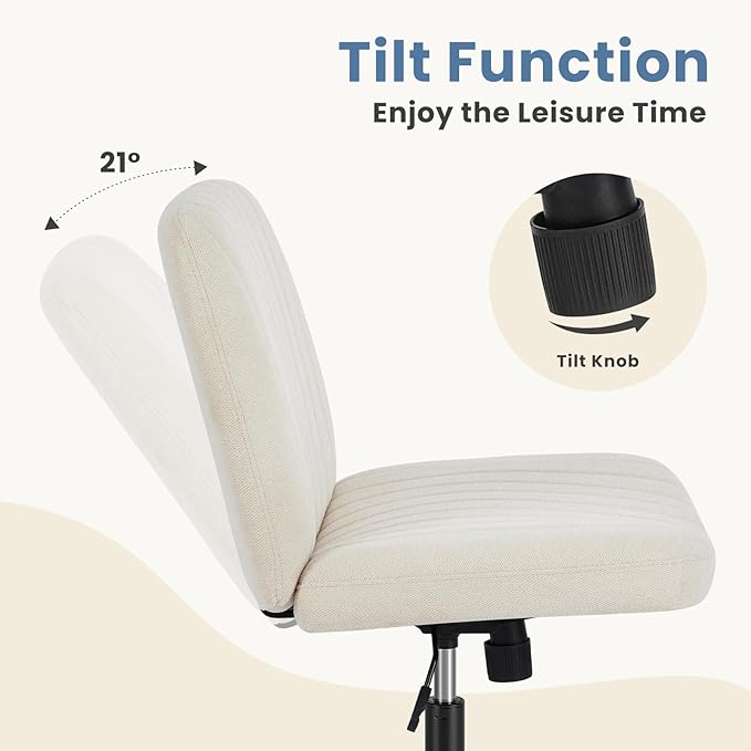 DUMOS Criss Cross Chair with Wheels, Wide Cross Legged Desk Vanity Chairs, Fabric Armless Adjustable Swivel Chairs for Home Computer Task, Beige