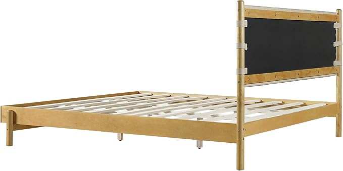 Premium Rubber Wood Platform Bed Frames, King Size Headboard Included, Mid Century Modern Beds, Beige
