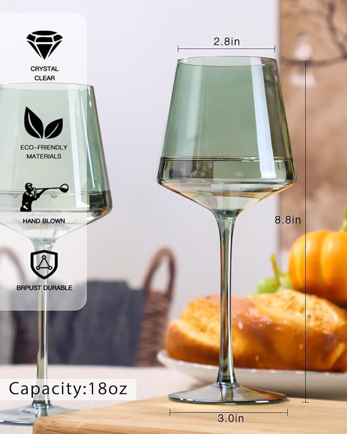 Green Wine Glasses Set of 6-18oz Colored Square Wine Glasses with Tall Long Stems and Flat Bottom,Crystal Colorful Wine Glass-Unique Gifts for Wine Lovers,Wedding,Engagement Gifts (Light Blue Sea)