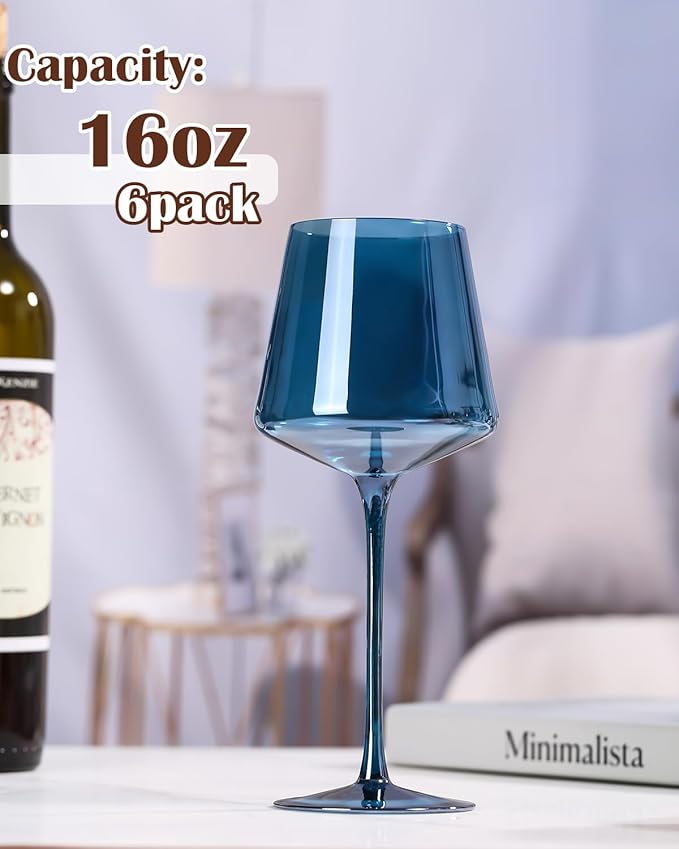 Physkoa colored wine glasses set of 6 hand blown wine glasses (Midnight Blue)