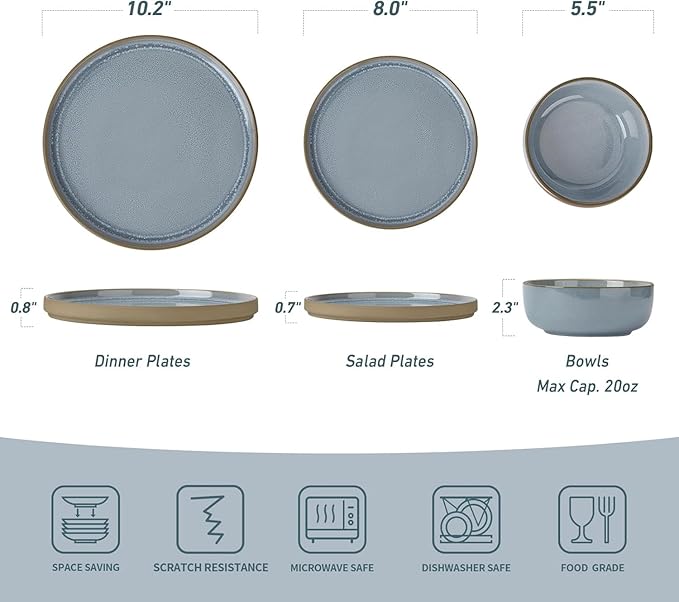 Famiware Nature Plates and Bowls Set, 24 Pieces Dinnerware Sets, Dishware Sets, Dishes Set for 8, Microwave and Dishwasher Safe, Light Blue