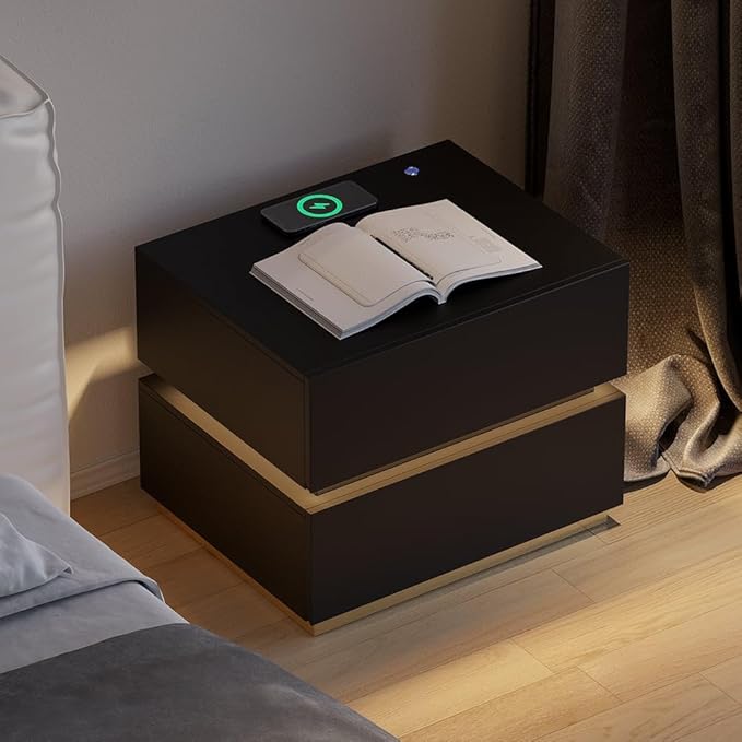 homary Smart Night Stand with Wireless Charging Station - Smart LED Nightstand with 2 Drawers, Black Bedside Table for Bedroom Living Room