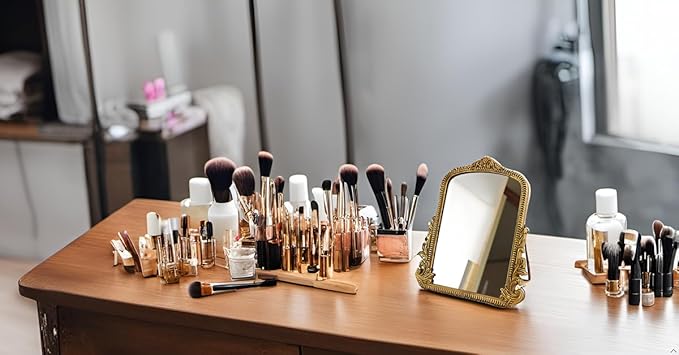 Small Vintage Vanity Makeup Desk Mirror Antique Traditional Chic Arch Table Mirror Gold,Decor Wood Framed Small Standing Carved Arendahl Mirror for Living Room,Bedroom,Tabletop 11.8" x 9.6"