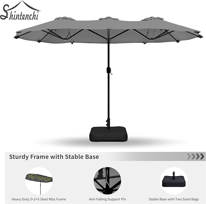 Shintenchi 16FT Large Patio Umbrella with Base, Outdoor Double-Sided Rectangular Umbrella, Market Umbrella with Crank Handle for Poolside Lawn Garden, Gray
