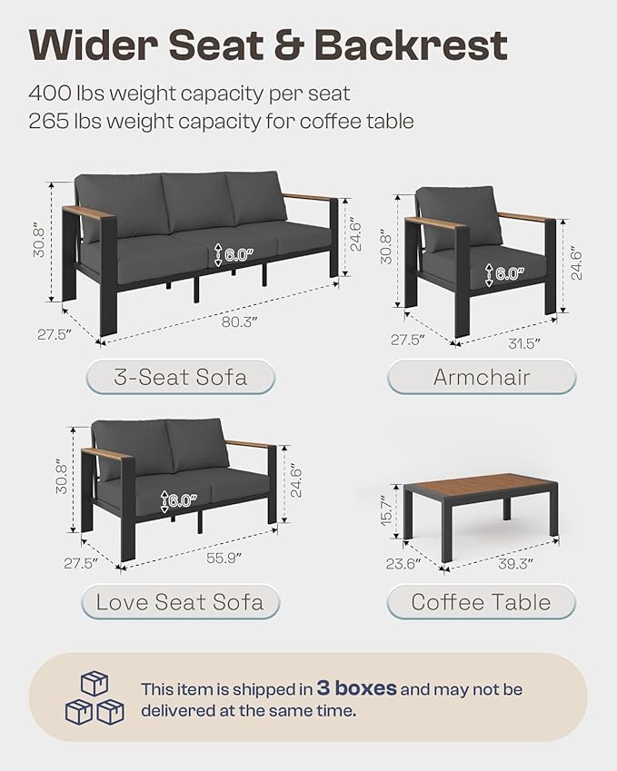 Aluminum Outdoor Patio Furniture Set with Table, 4 Piece Patio Conversation Sets with Washable Thick Cushions, Outdoor Seating Sectional Furniture Set for Porch, Balcony, Deck, Yard, Graphite