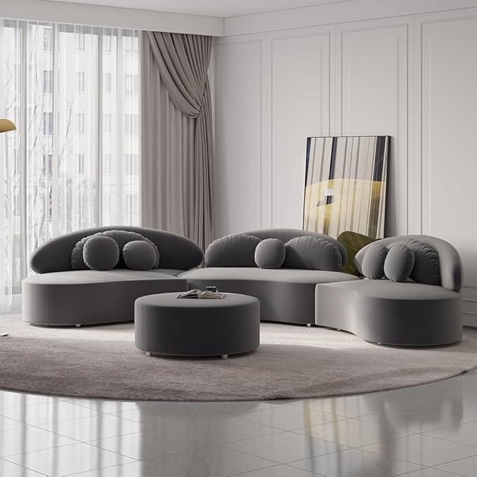 homary Modern 7 Seat Sectional Sofa Curved Modular Beige Velvet Upholstered with Ottoman (Deep Gray, 145.7" L x 31.5" W x 30.7" H)