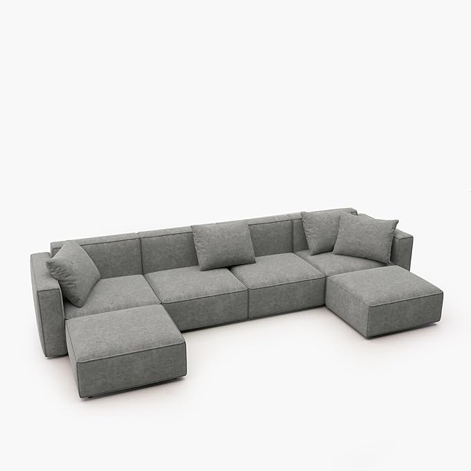 Acanva Luxury Modular Sectional Couch with Moveable Ottoman and Chaise, Modern Minimalist Style Sofa for Living Room, Apartments, U-Shape, Chenille Grey