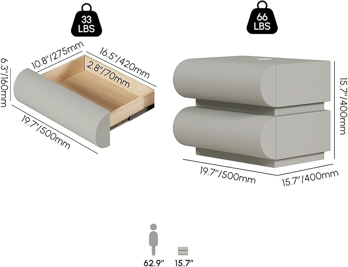 homary Smart Nightstand Modern White Leather Nightstands with Wireless Charger Bedside Table with 3 Drawers for Bedrooms Living Rooms Offices 19.7" W x 16.1" D x 23.6" H (Light Gray 3 Drawers)