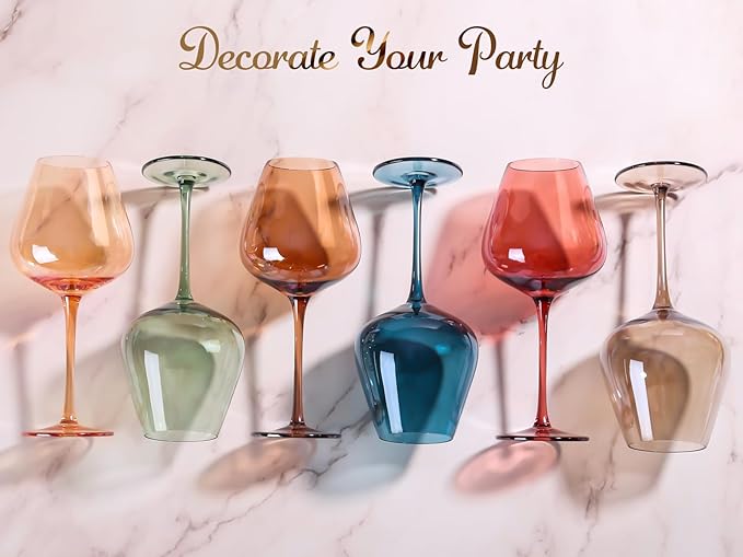 Physkoa Colored Burgendy Wine Glasses Set 6-18oz HandBlown Colorful Wine Glass With Long Stem,Multi Color Mothers Day Wine Glasses Gift for Women Mom