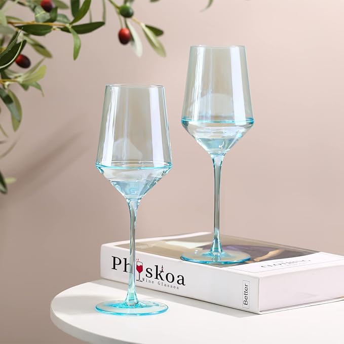 Physkoa Blue Wine Glasses Set 6 - Crystal Blue Wine Stemware with Long Stem and Thin Rim, Perfect for Wedding, Birthday, Anniversary - 15oz