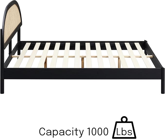 NTC Gem Wooden Bed Frame with Headboard and Natural Rattan, Solid Oak Foundation with Silent Slats, 1000 Lb Capacity, Effortless Assembly, King - Burnt Black