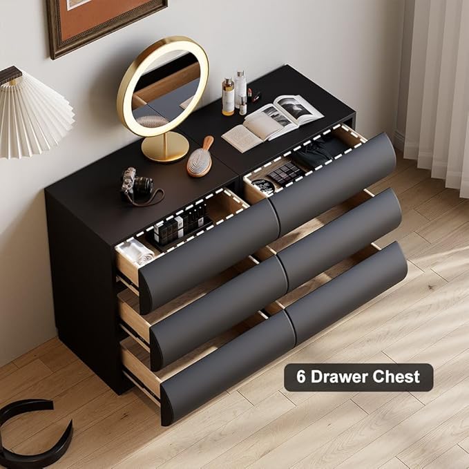 homary Black 3 Piece Bedroom Sets 6 Drawers Dresser and Smart Nightstands Set of 2 with Wireless Charging USB, Faux Leather Chest of Drawers Storage Drawers 3Pcs