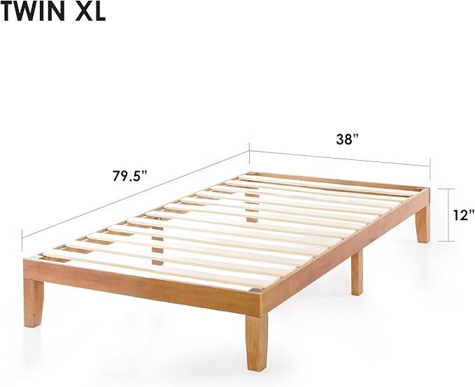 Mellow Naturalista Classic 12 Inch Solid Wood Platform Bed with Wooden Slats, Twin XL, Natural Pine