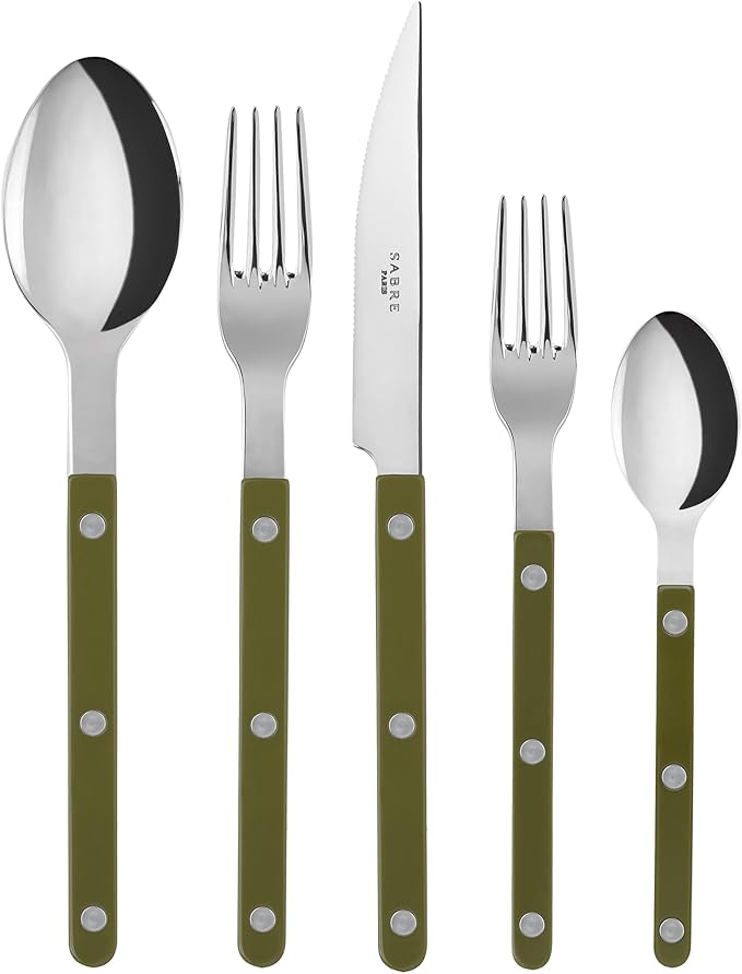 5-Piece Flatware Set - Bistrot Collection - Knife, Fork, Soup Spoon, Teaspoon & Dessert Fork - Stainless Steel & Nylon - Dishwasher Safe - Fern Green - Brilliant Finish