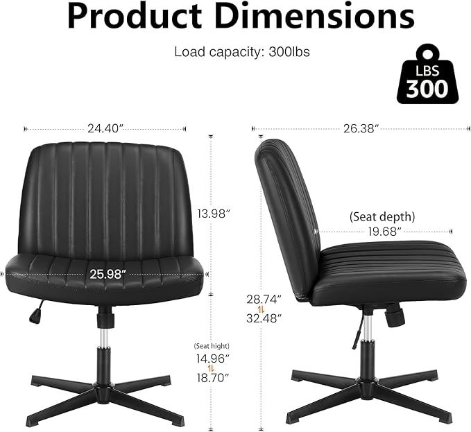 DUMOS Desk Chair No Wheels, Criss Cross Chair Wide Cross Legged Desk Vanity Chair, PU Leather Armless Adjustable Swivel Chairs for Home Computer Task Black