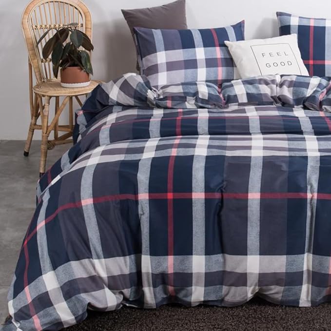 CLOTHKNOW Navy Plaid California King Comforter Set Tartan Bedding Comforter Sets All Season Soft Blue White Grey Grid Comforter with 2 x Pillow Cases