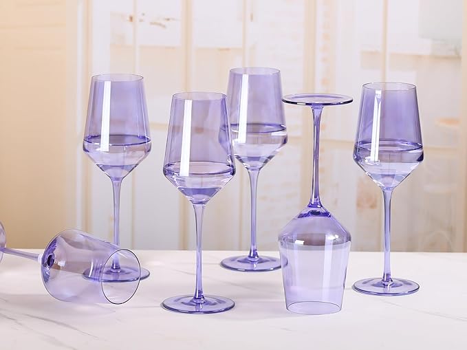 Physkoa Lavender Purple Wine Glasses Set of 6-15oz Hand Blown Crystal Colored Wine Glasses with Long Stem, Wedding, Birthday, Christmas Glassware Gifts for Lovers