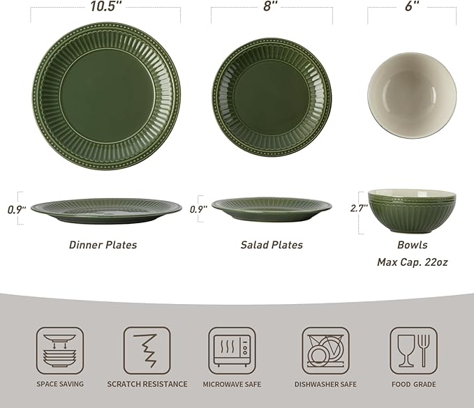 Famiware Garden Plates and Bowls Set, 12-Piece Dishes Set for 4, Scratch Resistant Kitchen Dishes Dinnerware Set - Microwave and Dishwasher Safe, Reactive Glaze and Embossed Stoneware, Dark Green