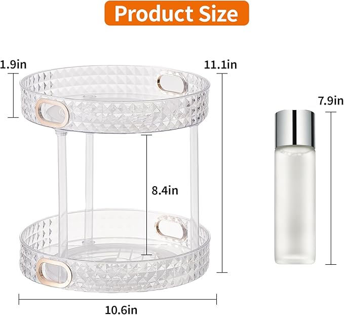 360° Rotating Makeup Organizer, 2 Tier Large Perfume Organizers with Portable Handle for Vanity Bathroom Countertop, Bathroom Counter Organizer for Cosmetics Skincare Perfume