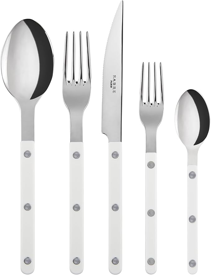 5-Piece Flatware Set - Bistrot Collection - Knife, Fork, Soup Spoon, Teaspoon & Dessert Fork - Stainless Steel & Nylon - Dishwasher Safe - White - Brilliant Finish
