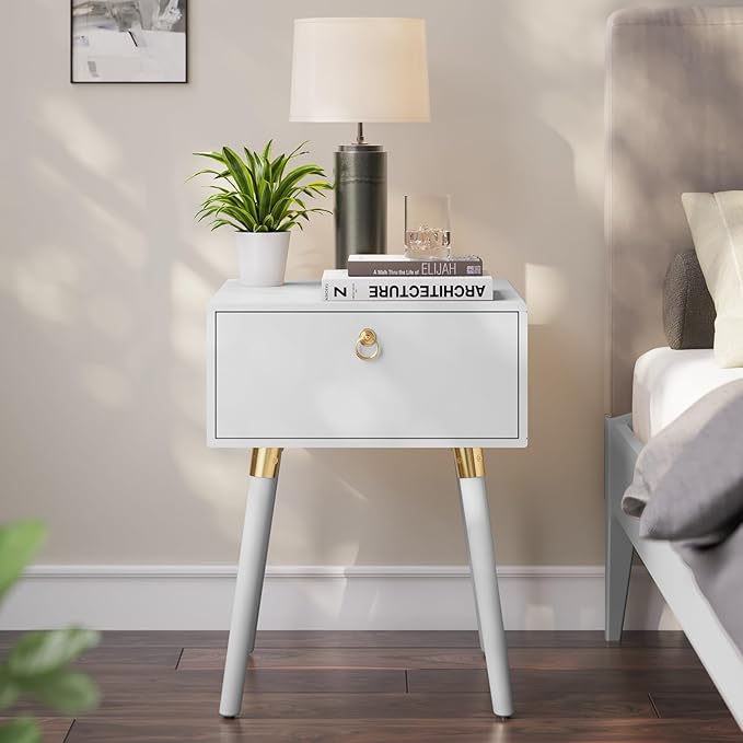 Bme Alden Wood Bedside Table Solid Wood Mid Century Modern Nightstand Compact for Bedroom Living Room & Study Room Easy Assembly, Ivory White