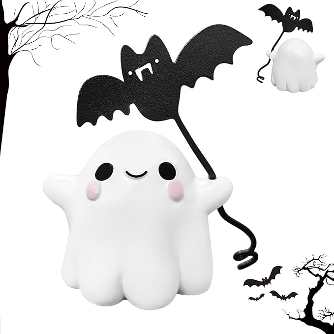 Halloween Ghost with Bat Balloon Figurine - Ghost Figurine Ghost Decor, Cute Ghost Statue Ghost for Halloween Decoration Humorous Desktop Art Piece
