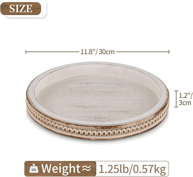 Hanobe Decorative Serving Tray Wood: White Washed Bead Round Tray Decor for Rustic Wooden Trays Farmhouse Centerpiece for Living Room Kitchen Counter