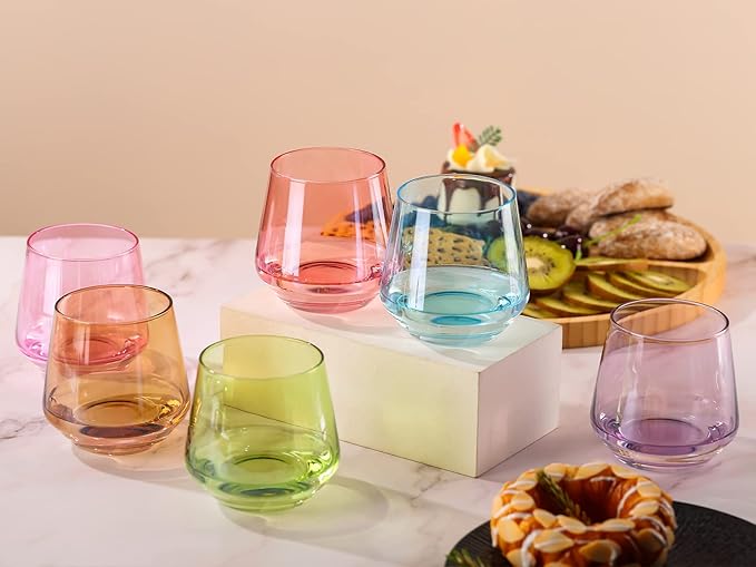 Physkoa Colored Stemless Wine Glasses Set of 6, Multi color Wine Glasses14oz,Diamond Shaped Cocktail Glass,Colorful Short Tumblers.Unique Drinkware for Home Party