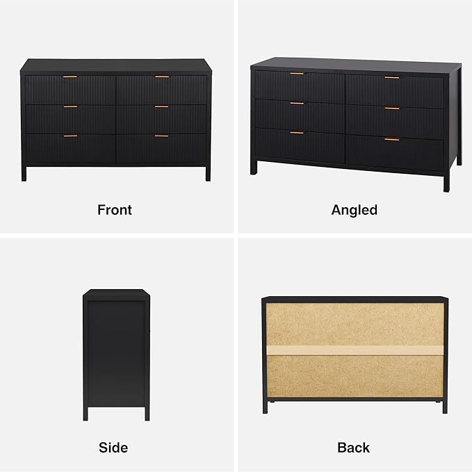 Fluted 6 Drawer Double Dresser for Bedroom, 47" Wide Modern Closet Dressers Chest of Drawers, Wood Storage Dresser Organizer for Nursery Bedroom Living Room Hallway Closet, Black