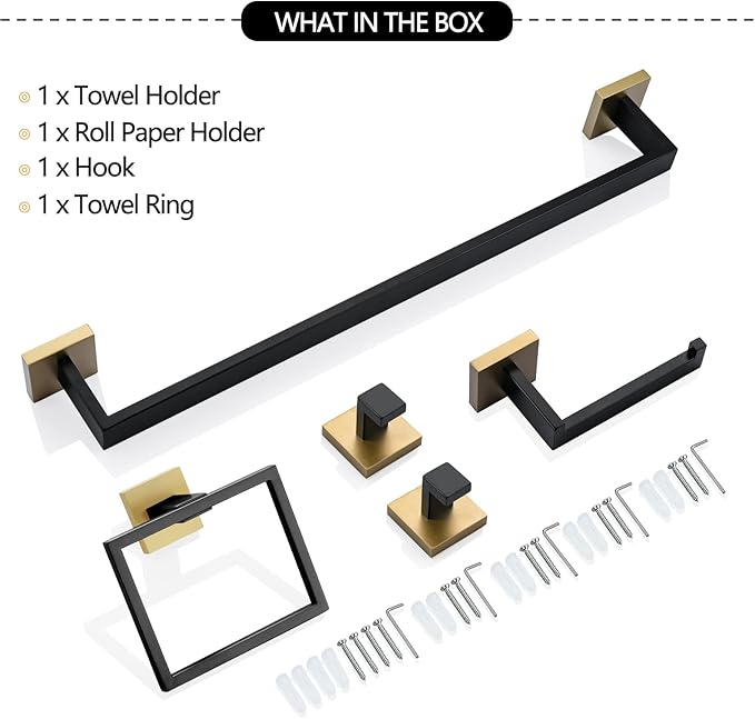 TNOMS 5 Pieces Bathroom Hardware Accessories Set Black and Gold Towel Bar Set,Wall Mounted Stainless Steel,23.6 Inch