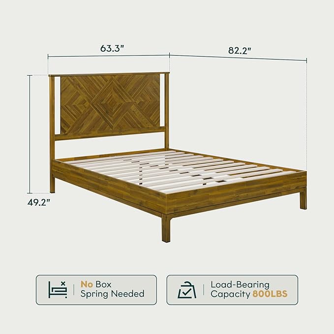 Bme Ethan Queen Bed Frame with Diamond Headboard, Mid-Century Modern, Solid Acacia Wood, No Box Spring Needed, Fits All Mattresses, Rustic Brown