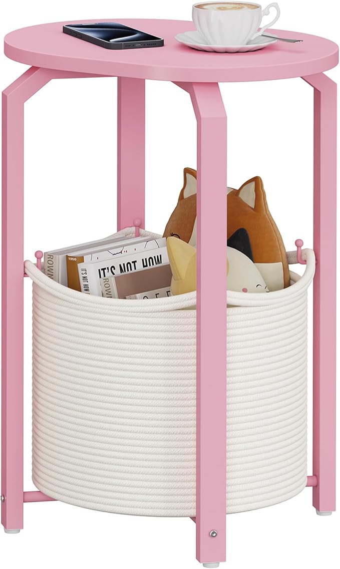 TUTOTAK Small Side Table, Oval End Table, Night Stand, Bedside Table, Sofa Table with Storage Basket, Living Room, Bed Room, Pink TB01BP093