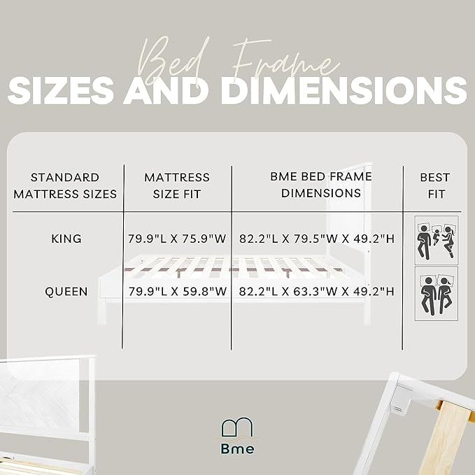 Bme Vivian 14 Inch Deluxe Bed Frame with Headboard, Rustic & Scandinavian Style with Solid Acacia Wood, No Box Spring Needed, 12 Strong Wood Slat Support, Easy Assembly, Queen, Rustic White