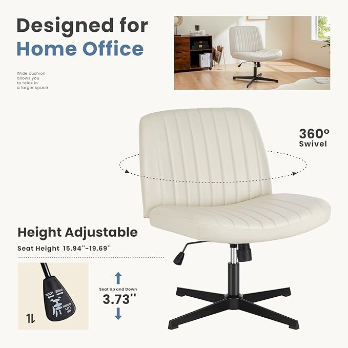 DUMOS Desk Chair No Wheels, Criss Cross Chair Wide Cross Legged Desk Vanity Chair, PU Leather Armless Adjustable Swivel Chairs for Home Computer Task Beige