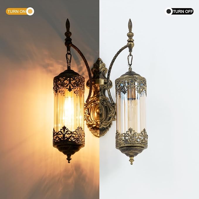 Rustic Wall Sconce with Amber Glass Vintage 2-Lights Antique Gothic Wall Light Fixture Retro Mid Centry Lantern Wall Sconce for Bedroom, Living Room, Mirror, Brush Gold, E12