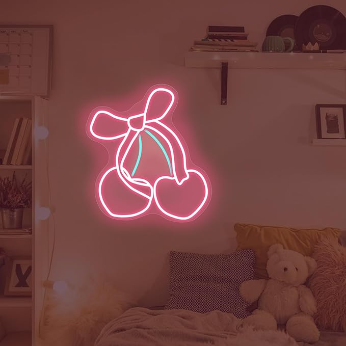 Pink Cherry Bow LED Neon Sign, Girly Heart Coquette Cherry Trendy Wall Art Neon Light Girl's Bedroom Home Dorm Salon Wall Decor for Kids Room,Restaurant,Bar,Fruit Shop,Home, Wedding Supplies