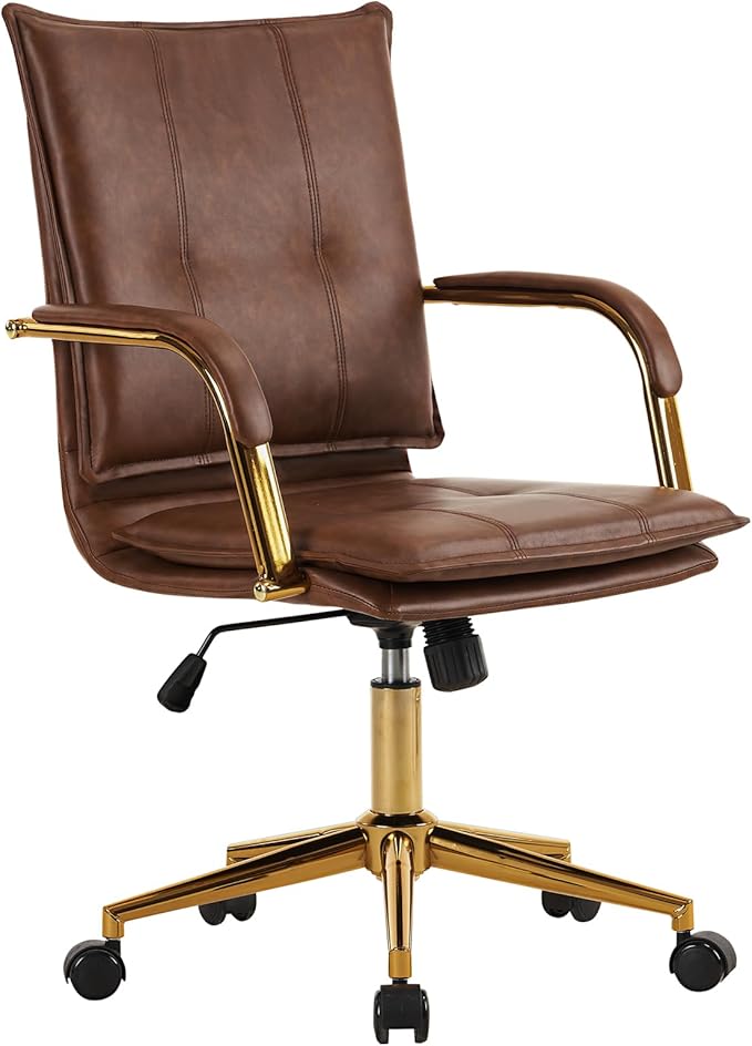 MOJAY Mid-Back Ergonomic Leather Desk Chair, Modern Upholstered Computer Chair, Executive Office Chair with Arms, Swivel Adjustable Rolling Chair with Gold Base (Brown)