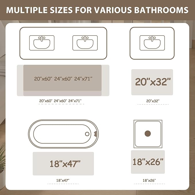 Uphome Bathroom Runner Rug, Distressed Farmhouse Boho Khaki Bath Mat, Non Slip Washable Long Bath Rugs, Vintage Traditonal Soft Velvet Bathroom Runner for Bathtub Sink Shower, 18x47 inch