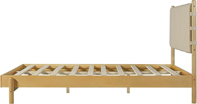 Premium Rubber Wood Platform Bed Frames, Queen Size Headboard Included, Mid Century Modern Beds, Beige